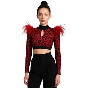 Red Leopard Feather Trim Crop Top Long Sleeve Dance Costume Kelle Child Large